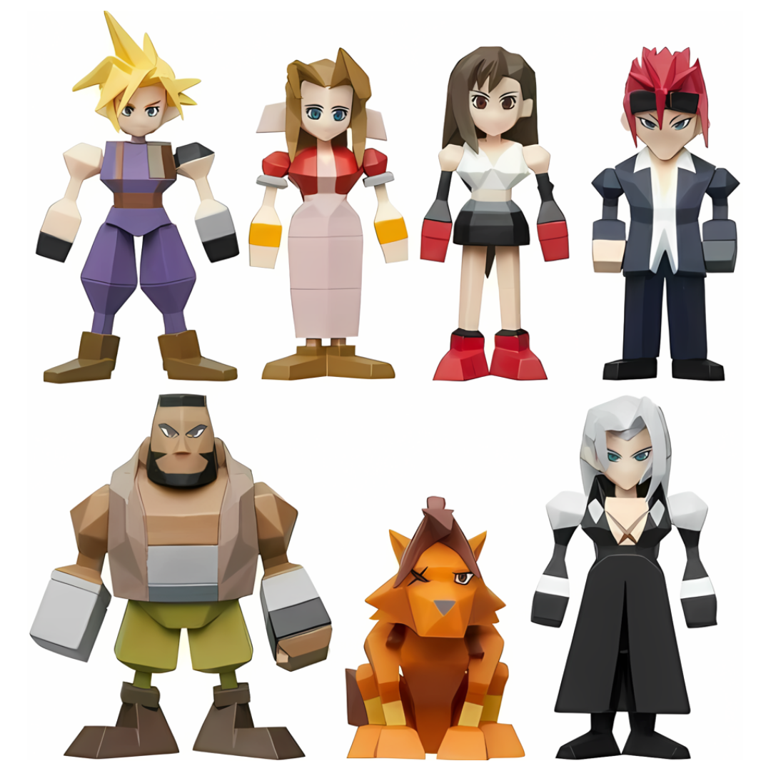 Final Fantasy VII Polygon Figure Vol. 1 low‑poly figurine display featuring Cloud Strife and Aerith Gainsborough