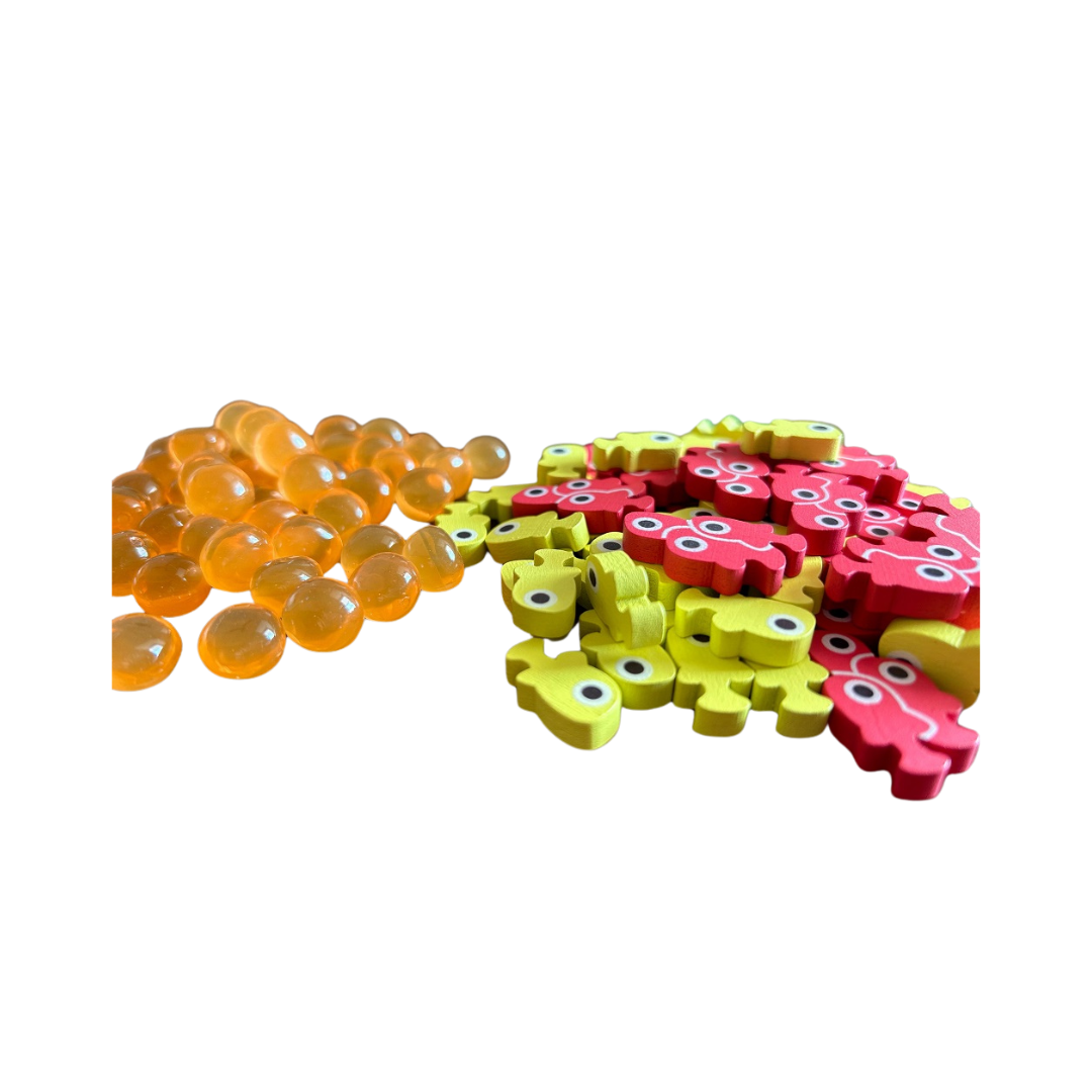 Finspan Upgrade Pack with premium wooden tokens and squishy egg pieces for an enhanced board game experience.