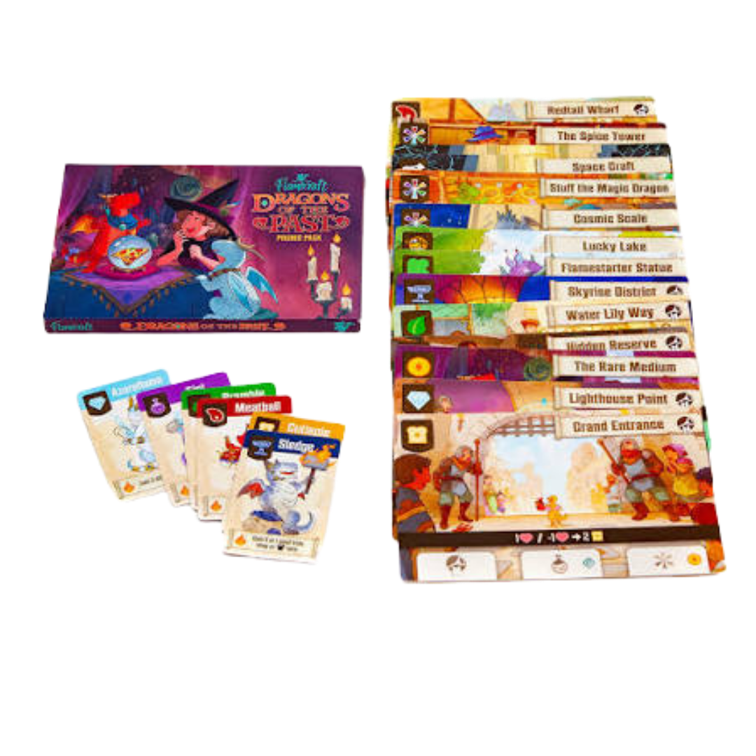 Flamecraft Dragons of the Past board game expansion promo pack featuring Artisan Dragons and additional Shop cards