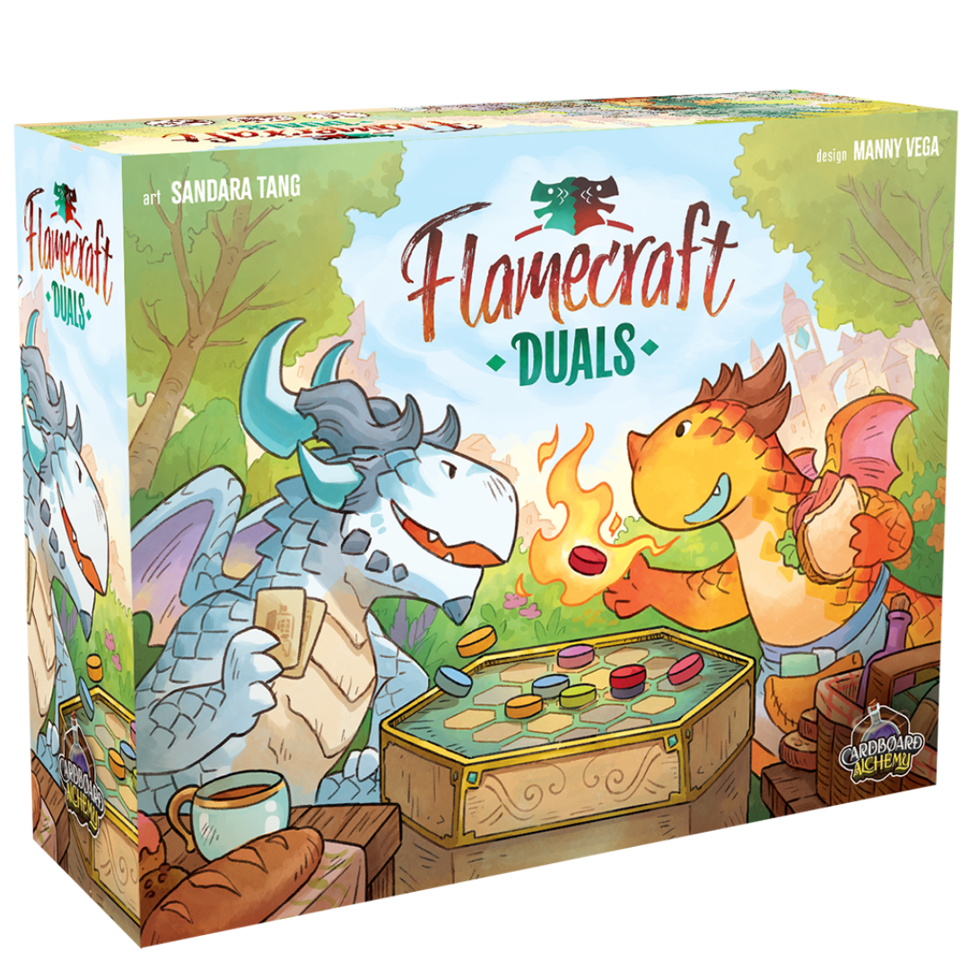 Flamecraft Duals Standard Edition board game box and components for two player fantasy strategy game