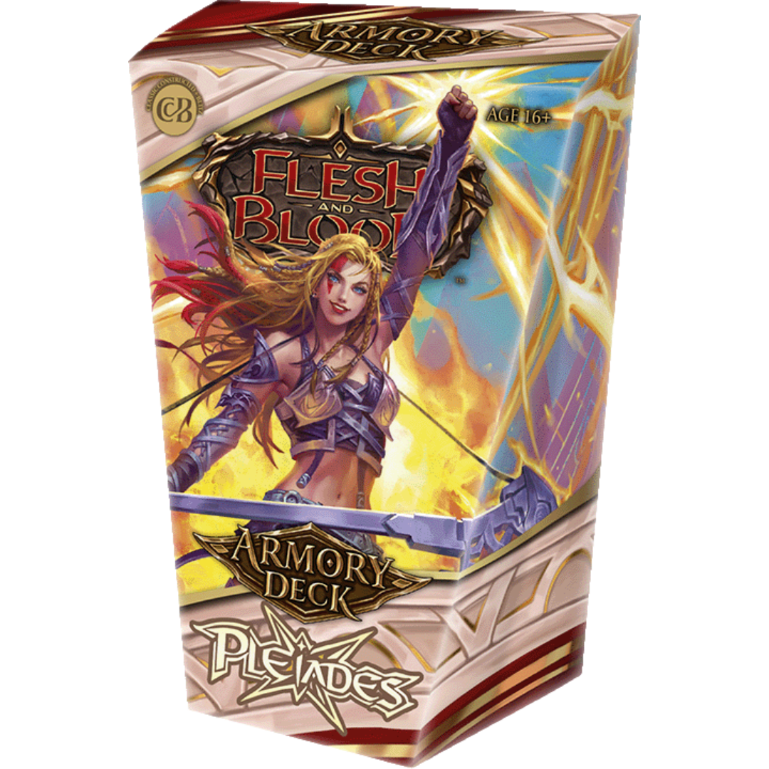 Flesh & Blood Armory Deck Pleiades box art and hero cards displayed