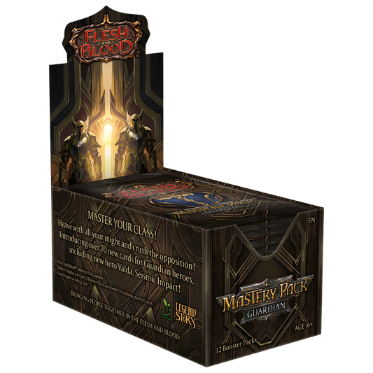 Flesh & Blood Mastery Pack Guardian Booster Box display with golden packaging and class icon designs