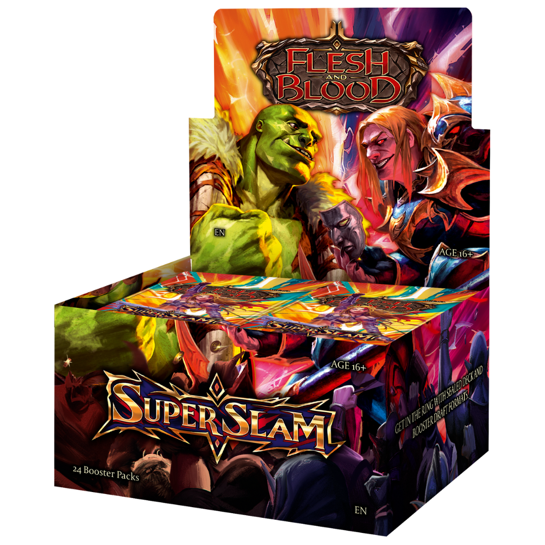 Flesh & Blood Super Slam booster box with 24 packs, featuring Brute and Guardian heroes in ring combat setting