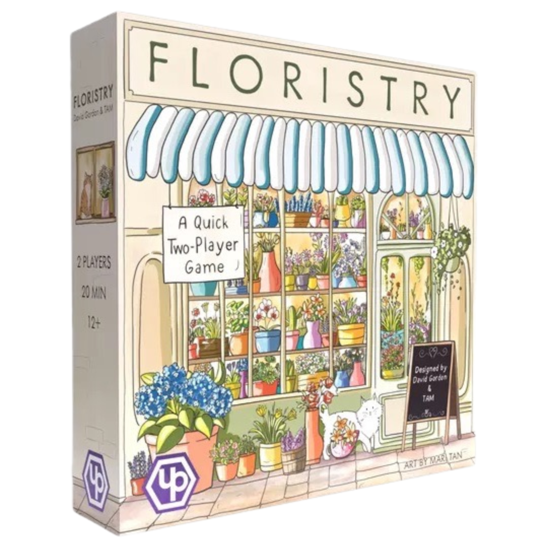 Floristry is a tile-laying game for 2 players. Players compete in the historic Dutch auction of Aalsmeer to win the best flowers and then use them to create the most charming window display. Each round features a Dutch auction, where the clock counts down from 15 seconds while the price drops every 3 seconds.