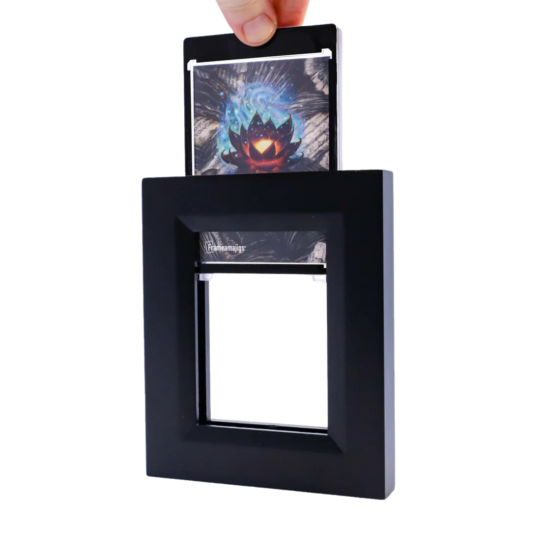 Frameamajigs black collectable card frame with magnetic One-Touch holder for displaying Pokémon, Magic, and trading cards