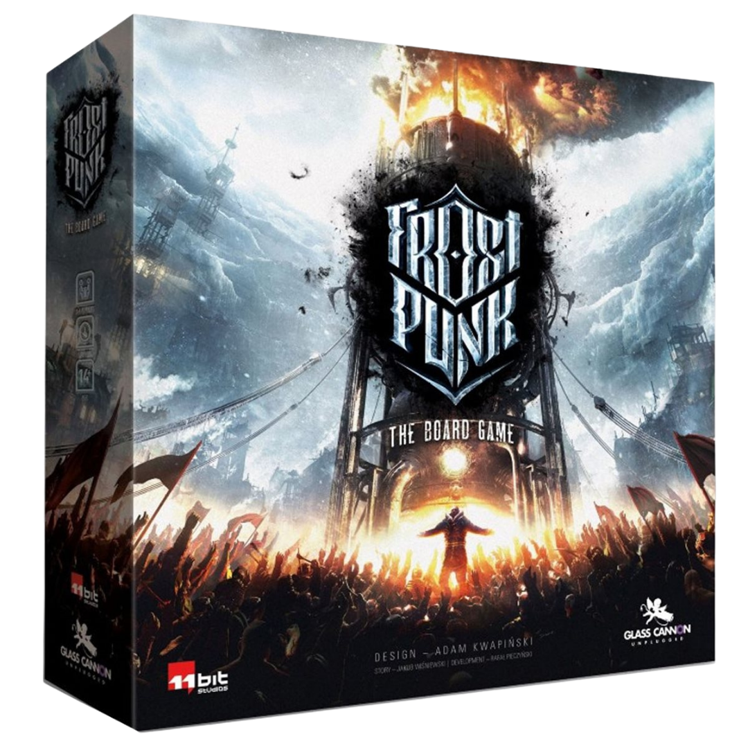 Frostpunk The Board Game box and generator miniature with city board components