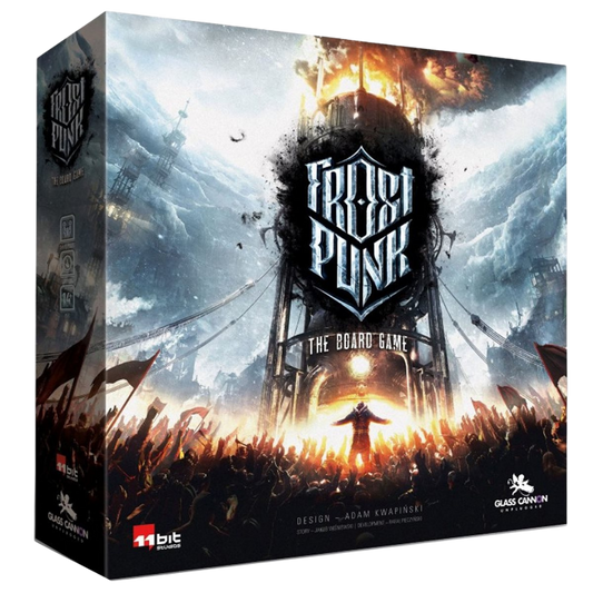 Frostpunk The Board Game box and generator miniature with city board components