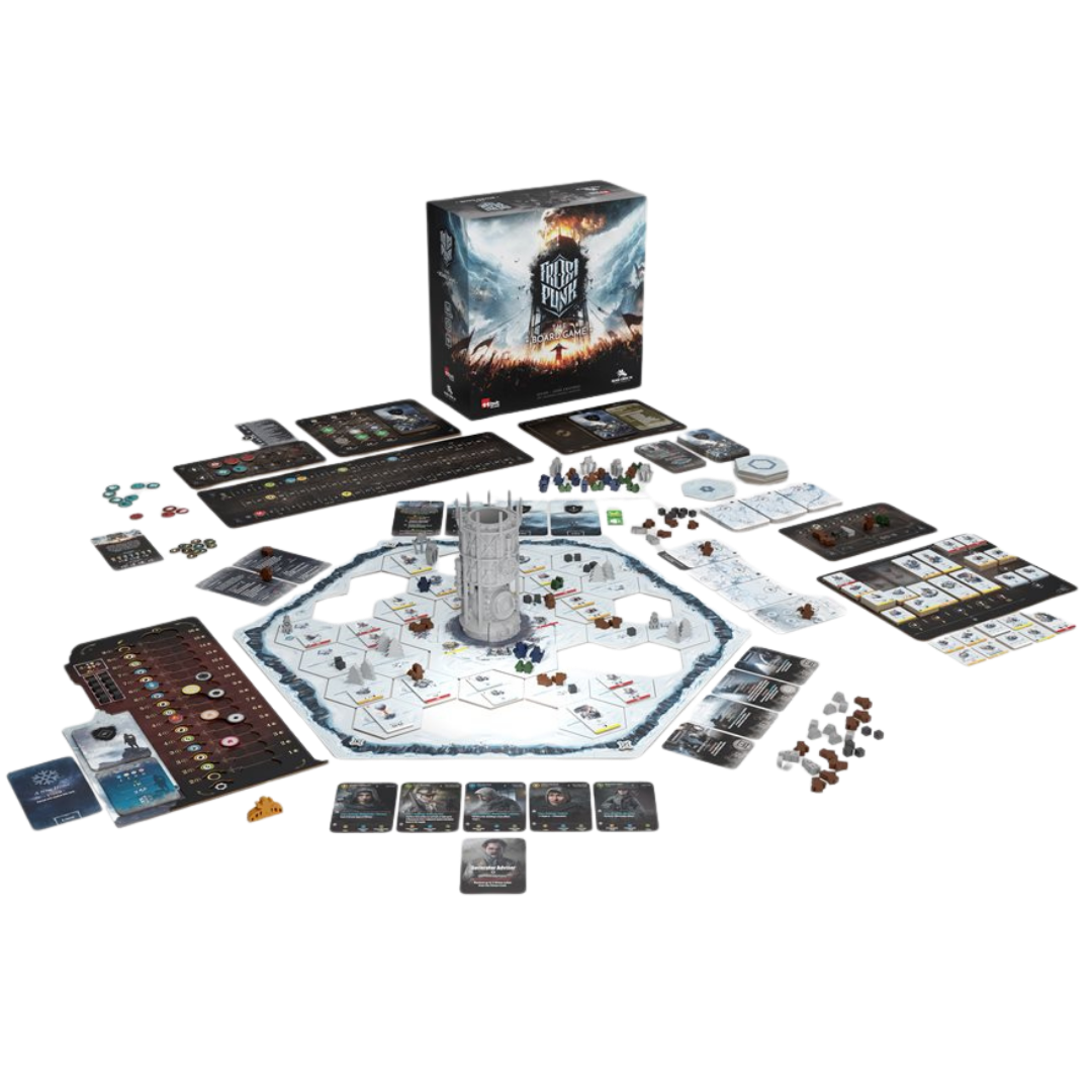 Frostpunk The Board Game box and generator miniature with city board components
