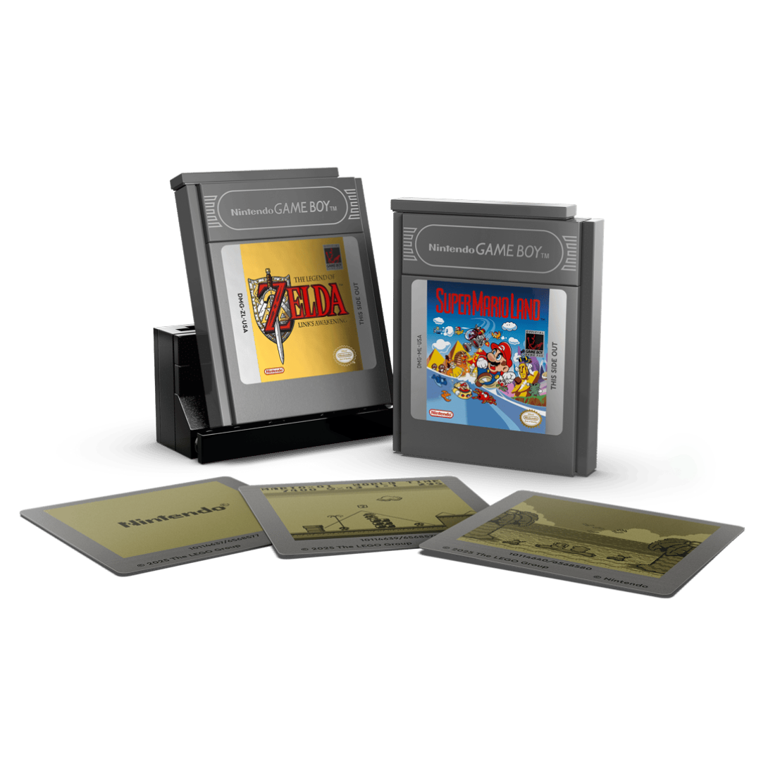 Game Pak cartridges for The Legend of Zelda: Link's Awakening and Super Mario Land, along with interchangeable lenticular screen pieces