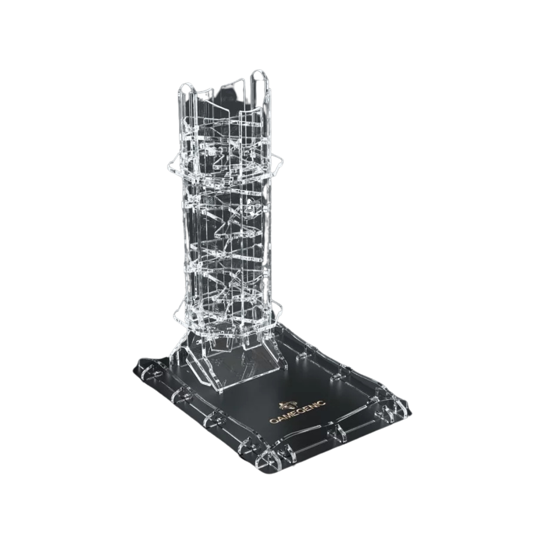 Gamegenic Crystal Twister Premium Dice Tower with transparent spiral design for fair and randomized dice rolls, perfect for D&D, board games, and tabletop gaming.