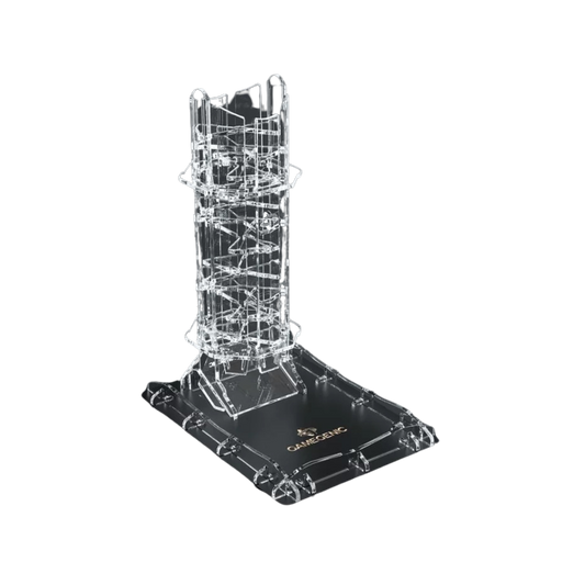 Gamegenic Crystal Twister Premium Dice Tower with transparent spiral design for fair and randomized dice rolls, perfect for D&D, board games, and tabletop gaming.