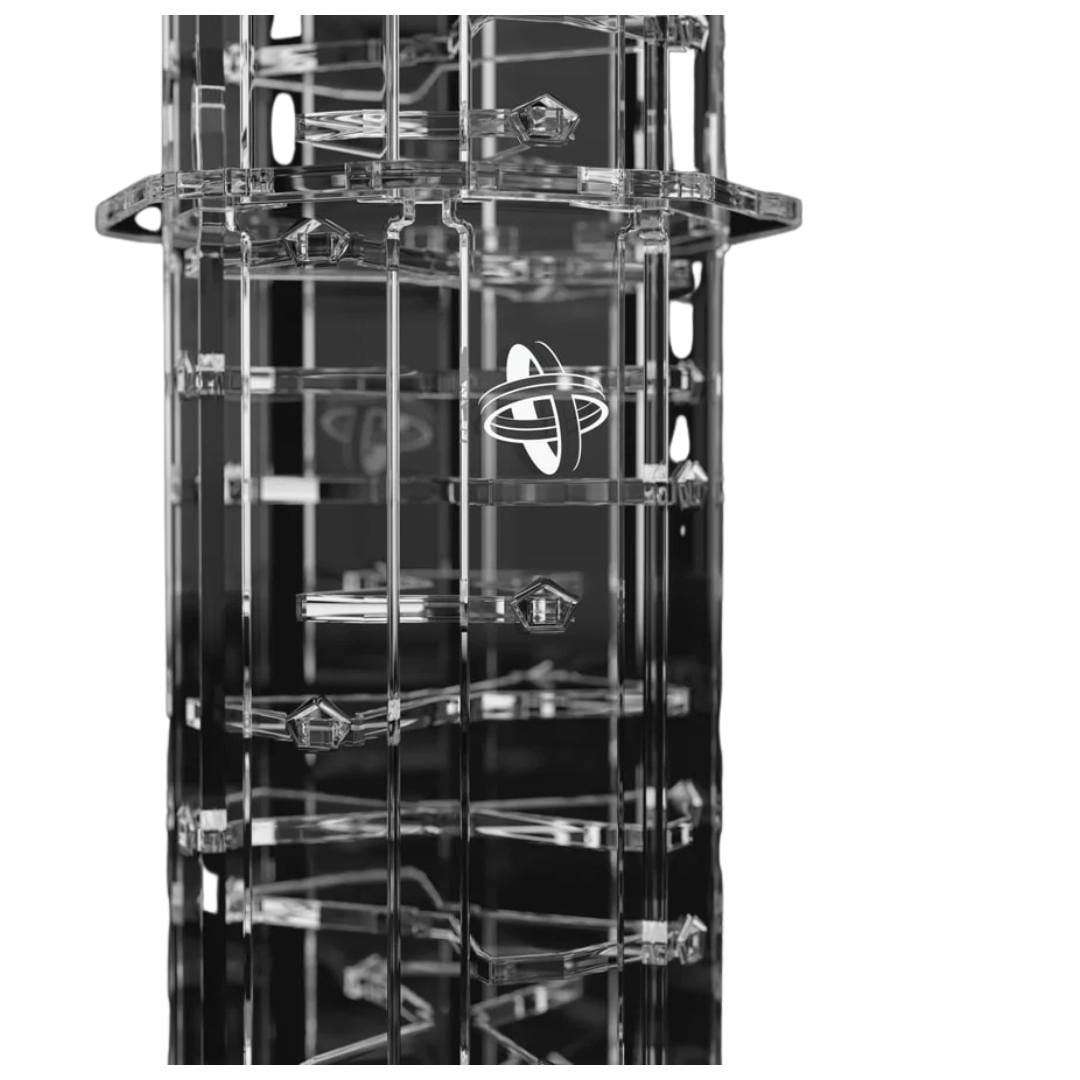 Close-up view of the Gamegenic Crystal Twister Premium Dice Tower, showcasing its transparent spiral design for smooth and randomized dice rolls, perfect for tabletop gaming.