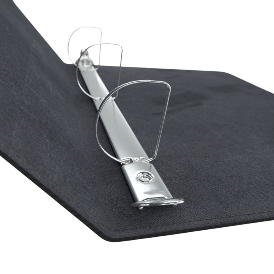 Close-up of black Gamegenic D-ring binder spine and reinforced corner design for durability

