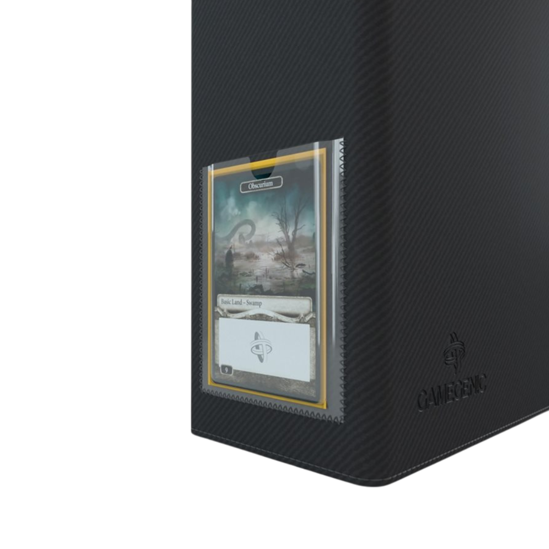 Open black Gamegenic D-ring binder showing inserted trading card pages with multiple card pockets

