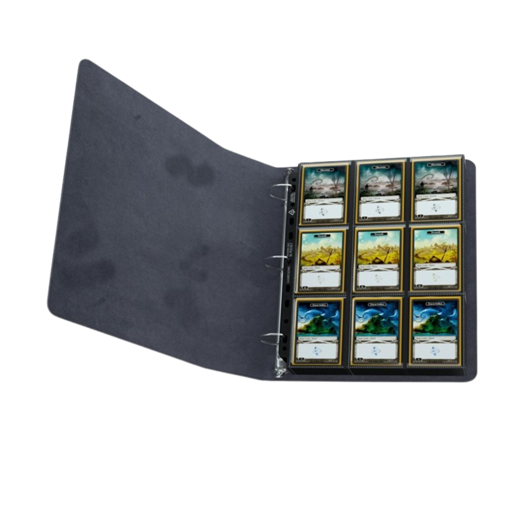 Close-up of black Gamegenic D-ring binder spine and reinforced corner design for durability

