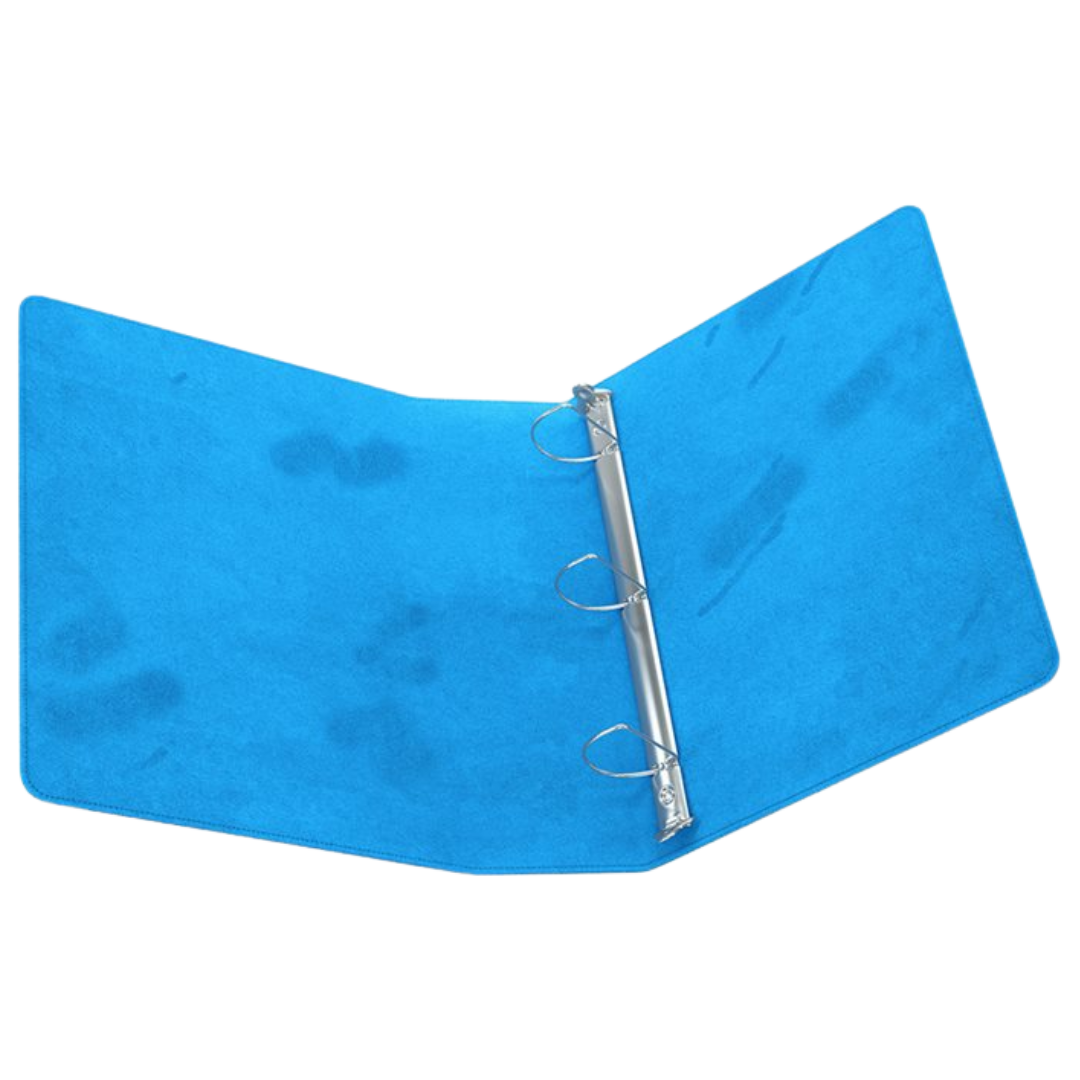 Open blue Gamegenic D-ring binder showing inserted trading card pages with multiple card pockets

