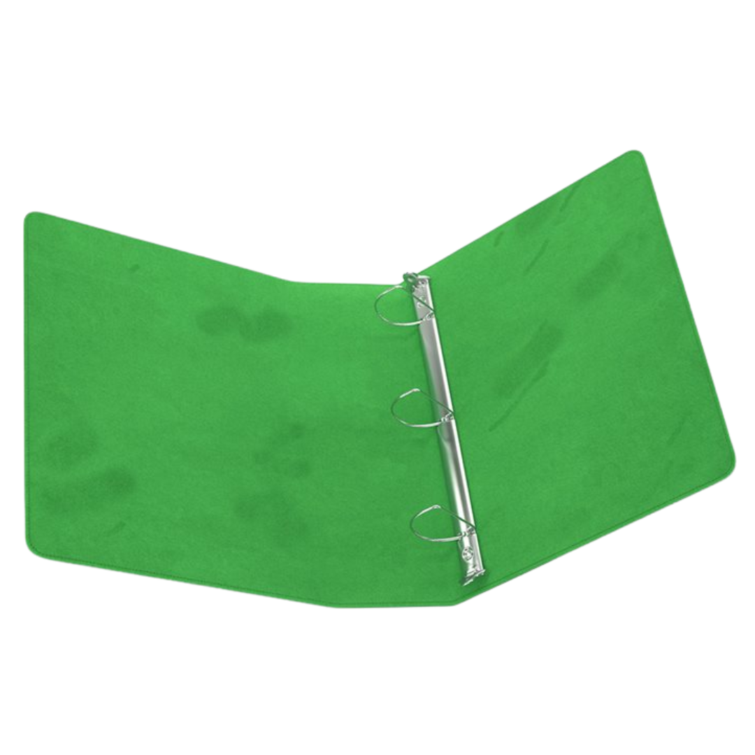 Open green Gamegenic D-ring binder showing inserted trading card pages with multiple card pockets

