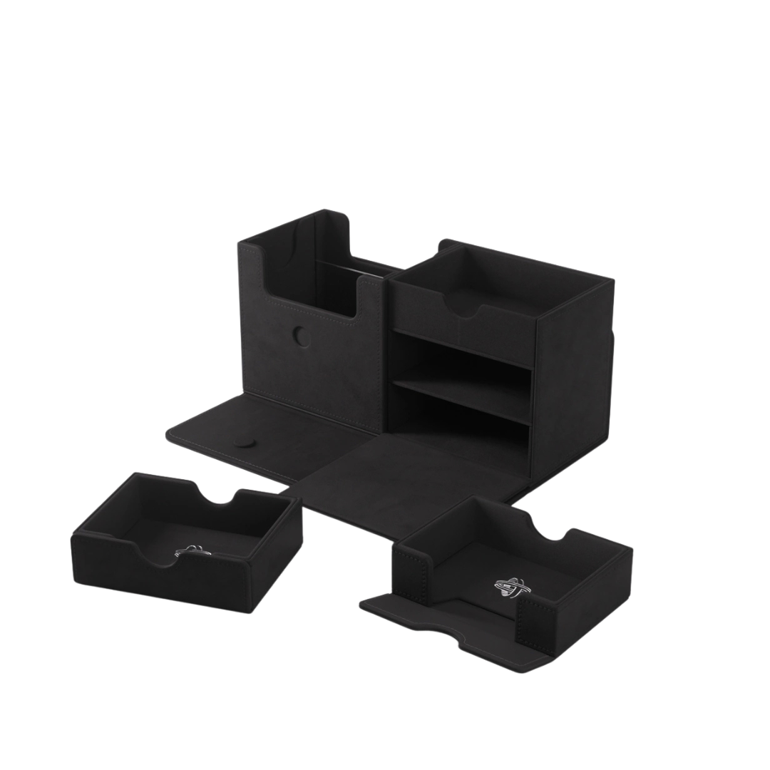 Gamegenic Academic XL Stealth deck box open with drawers and compartments shown for TCG cards and accessories