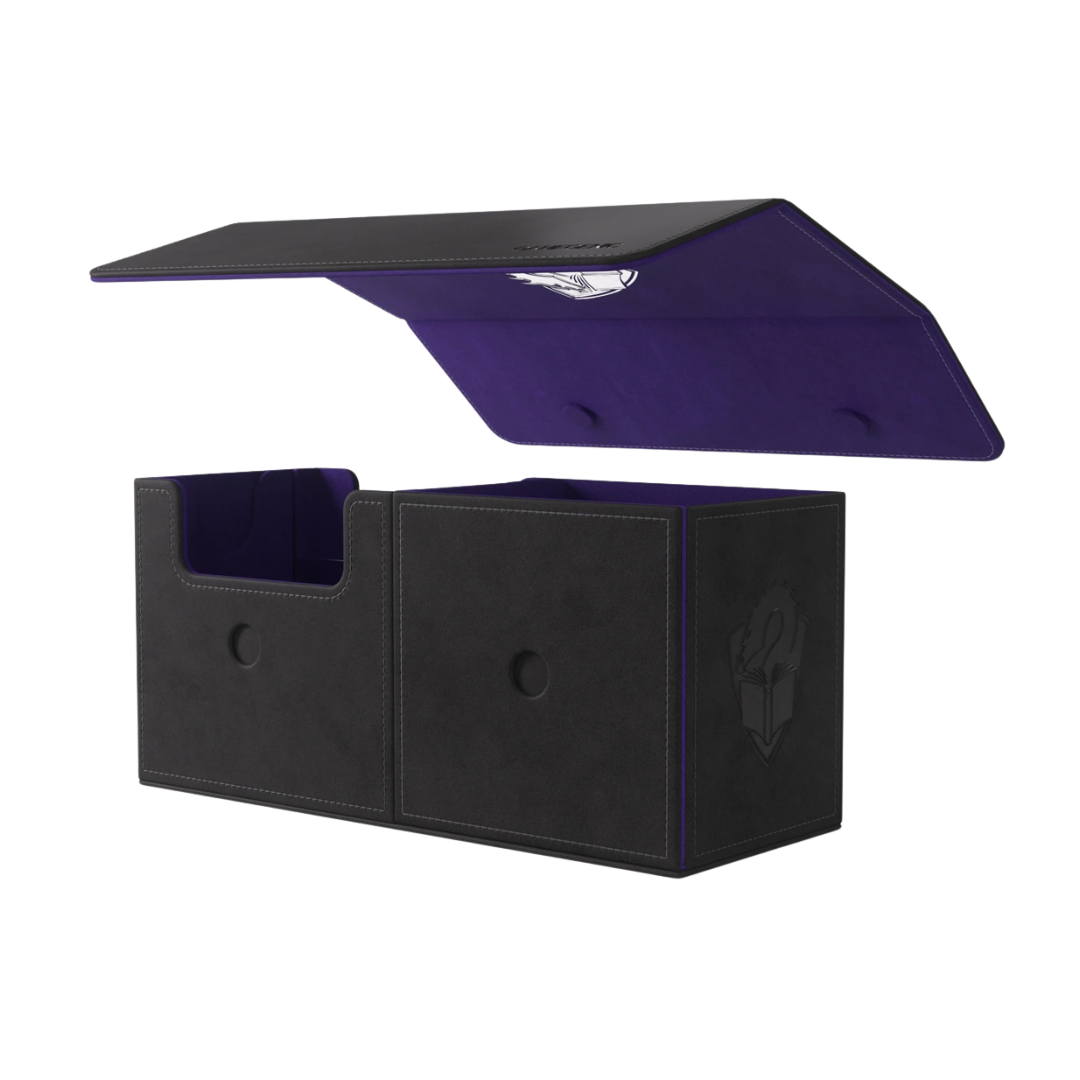 Gamegenic Academic XL Black Purple deck box open with magnetic lid for 133 TCG cards
