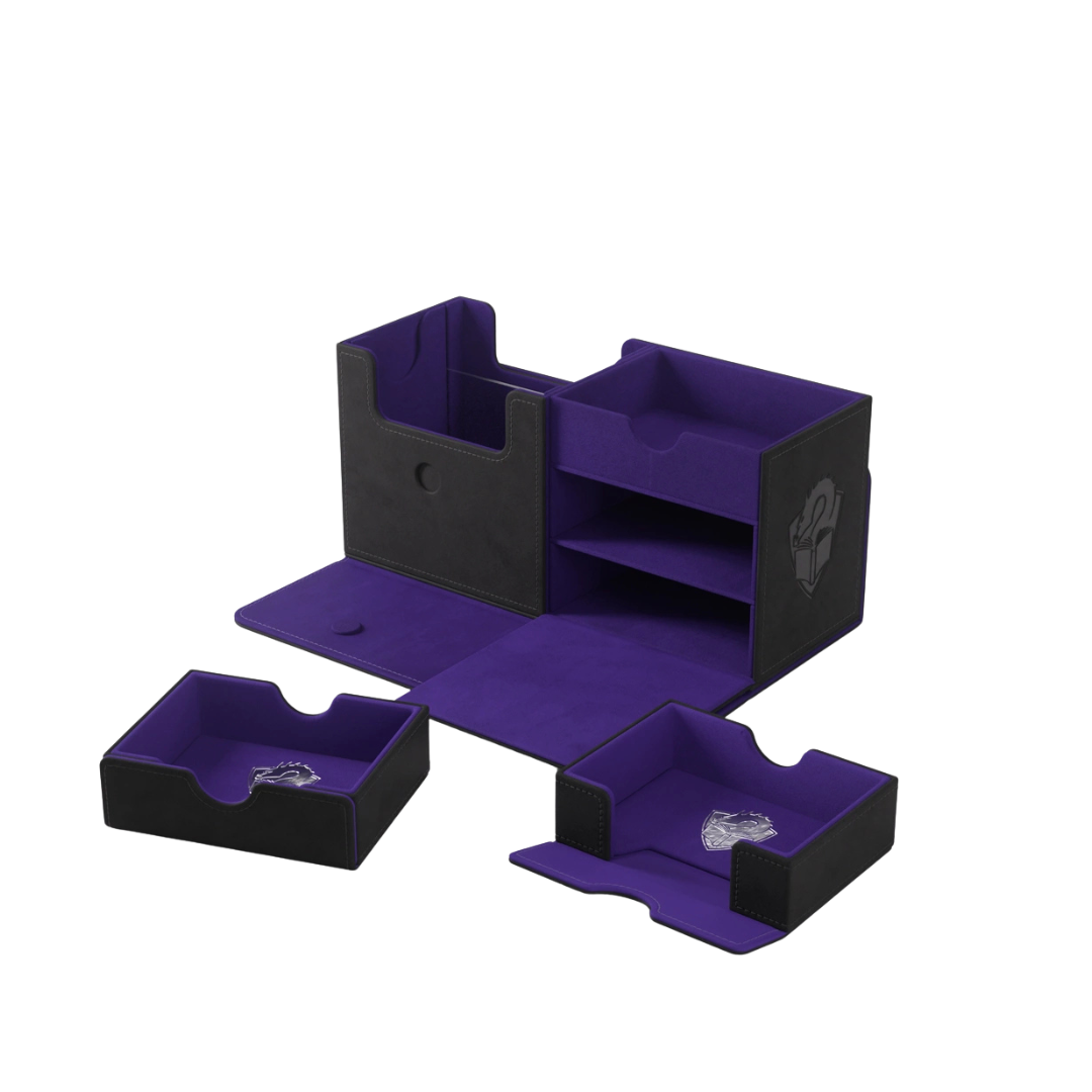 Gamegenic Academic XL Black Purple deck box open with drawers and compartments for cards and accessories