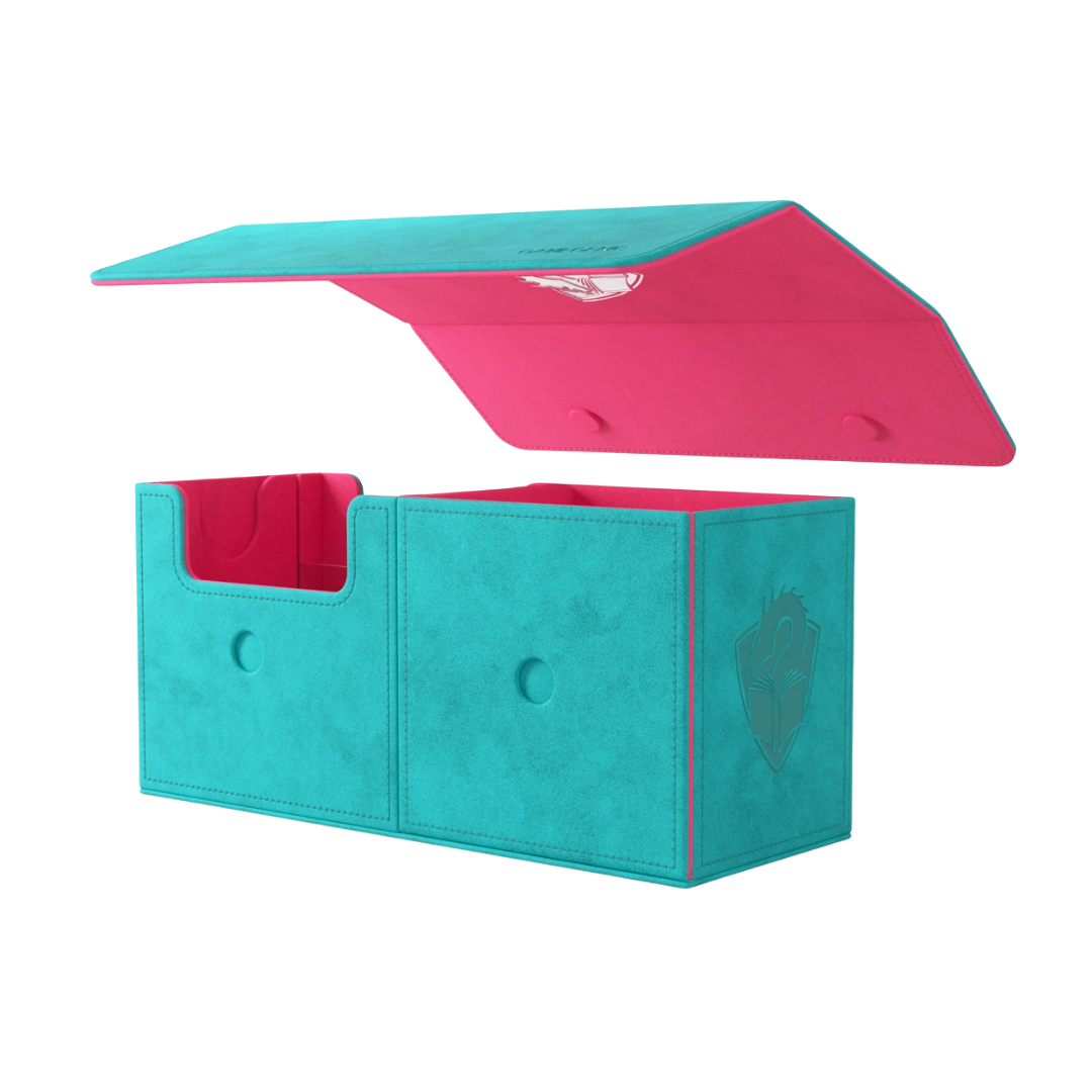 Gamegenic Academic XL Pink Teal deck box open with lid lifted, holds 133 double-sleeved cards