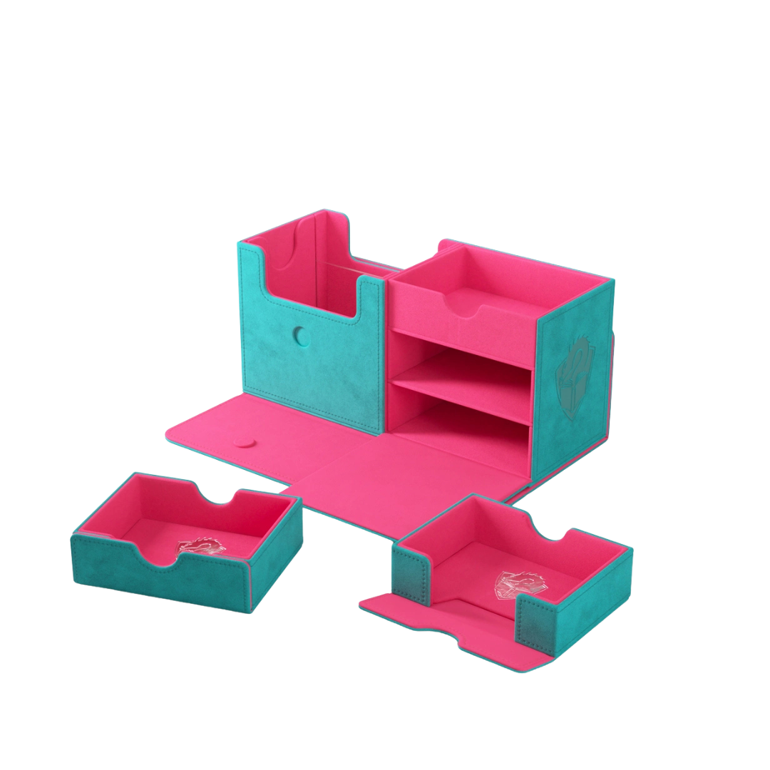 Gamegenic Academic XL Pink Teal deck box open with drawers and compartments for cards and accessories