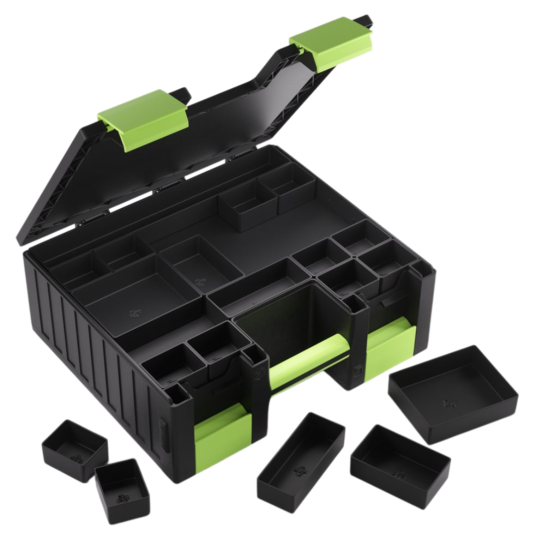 Gamegenic Game Castle Black Green, stackable modular storage system with transparent drawers for cards, dice, and gaming accessories.