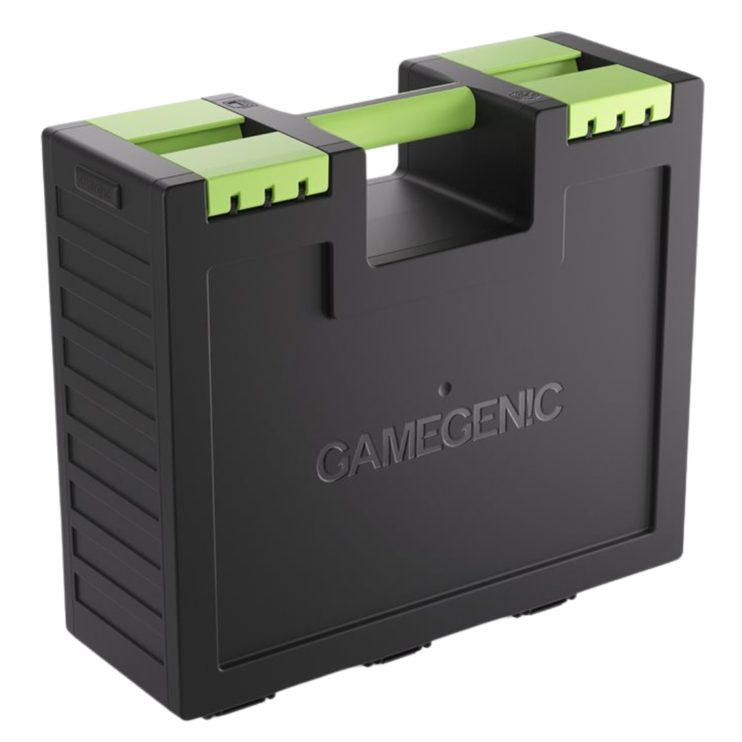 Black and Green Game Castle by Gamegenic, durable organizer with removable compartments for TCG and tabletop game collection management.








