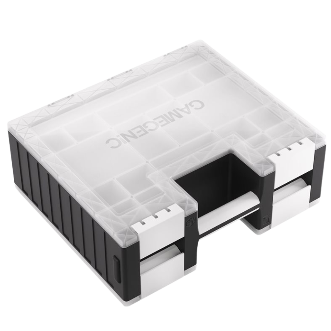 Gamegenic Game Castle Black/White/Clear, modular trading card storage box with stackable design, clear drawers, and removable compartments.

