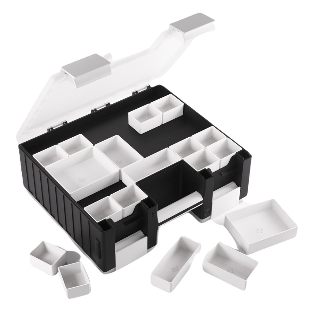 Black/White/Clear Game Castle by Gamegenic, premium storage solution for TCG cards, dice, and accessories with transparent drawer system.








