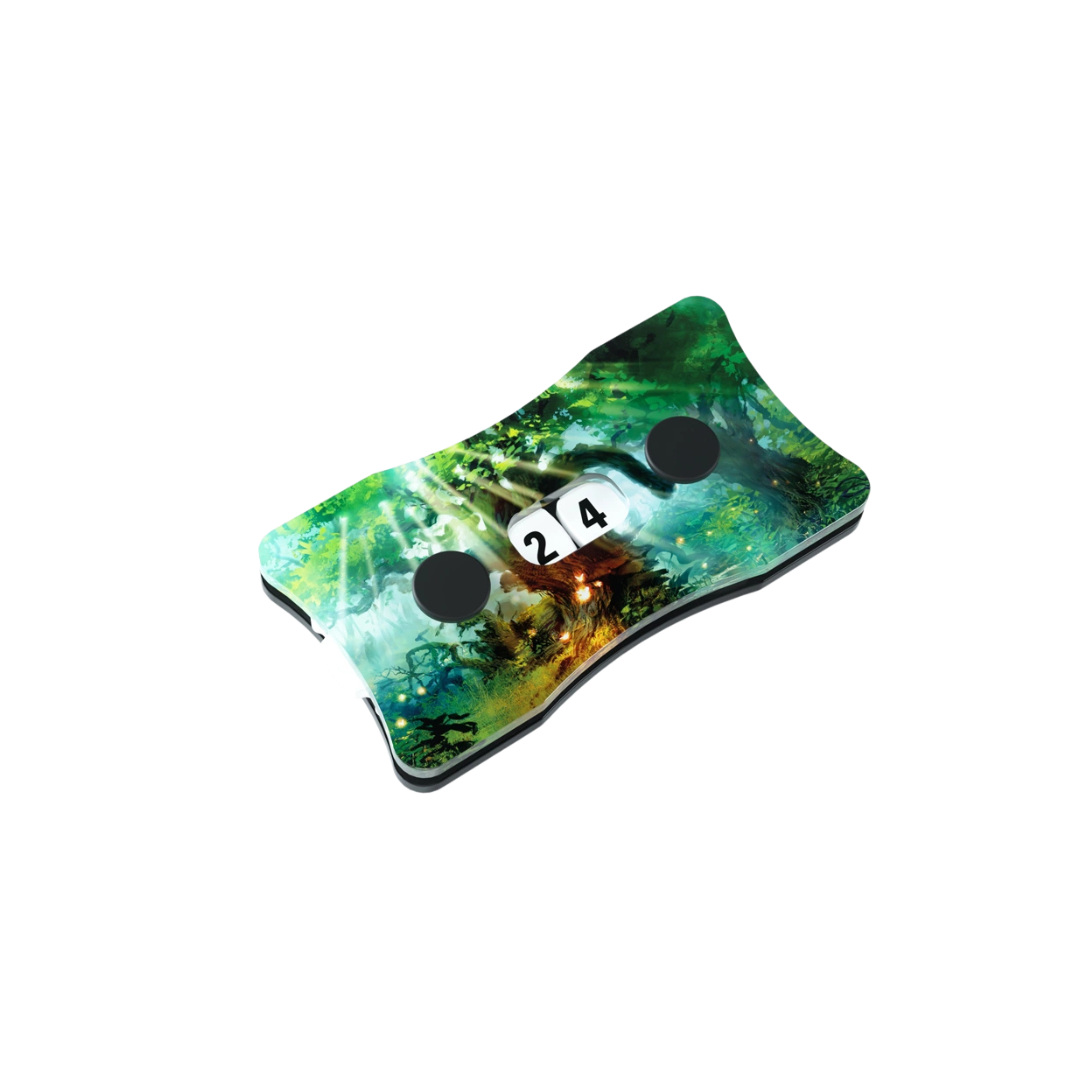 Premium acrylic Double Life Counters with Magic: The Gathering land-themed designs and a smooth-turn dial for precise life tracking.