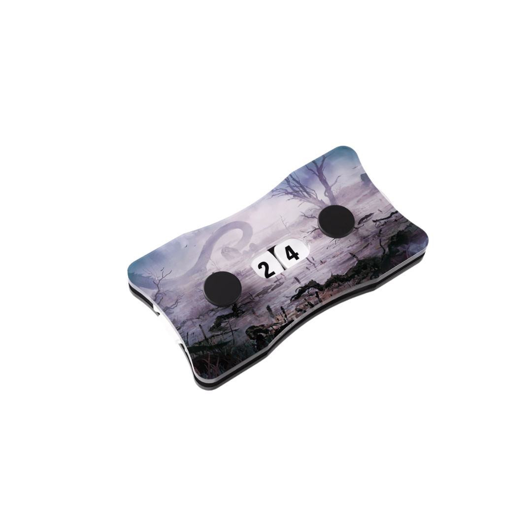 Premium acrylic Double Life Counters with Magic: The Gathering land-themed designs and a smooth-turn dial for precise life tracking.