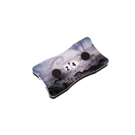 Premium acrylic Double Life Counters with Magic: The Gathering land-themed designs and a smooth-turn dial for precise life tracking.