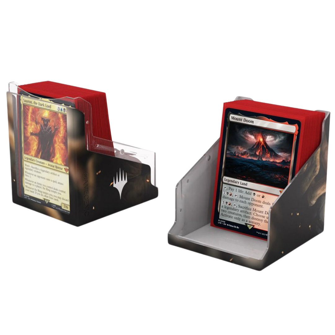 Gamegenic Magic The Gathering The Hobbit Bastion XL deck box open with sleeved Commander cards, showcasing 100+ card storage capacity and My Precious artwork