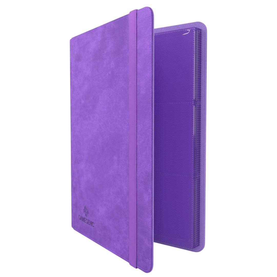 Open purple Gamegenic 18-pocket Prime album showing three rows of side-loading trading card pages

