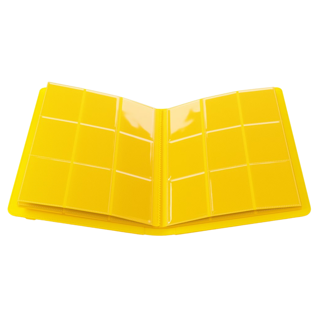 Open Gamegenic 18-pocket yellow Prime album showing card storage pages with three rows of side-loading pockets 