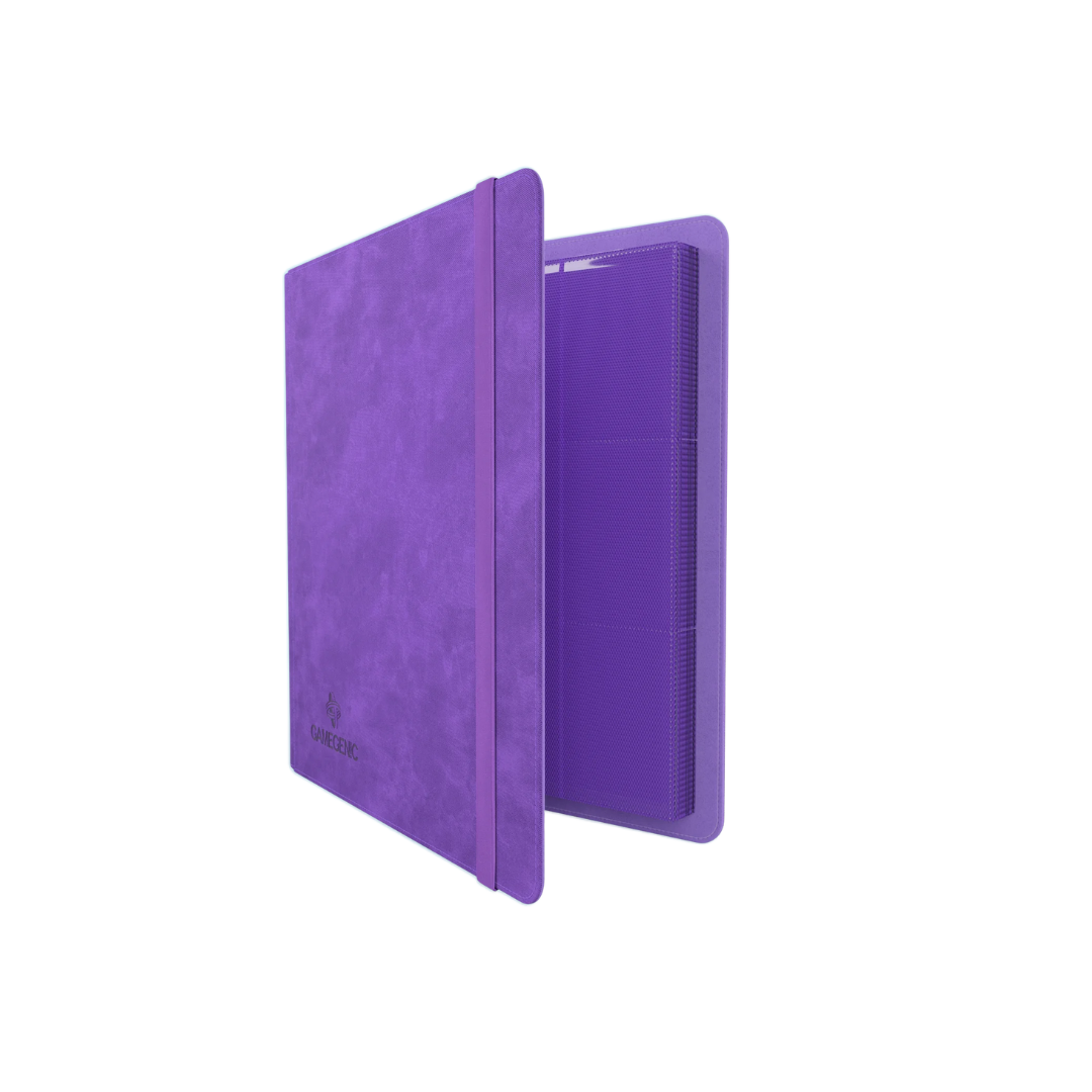 Open Gamegenic 24-pocket purple Prime album showing card storage pages with four rows of side-loading pockets 