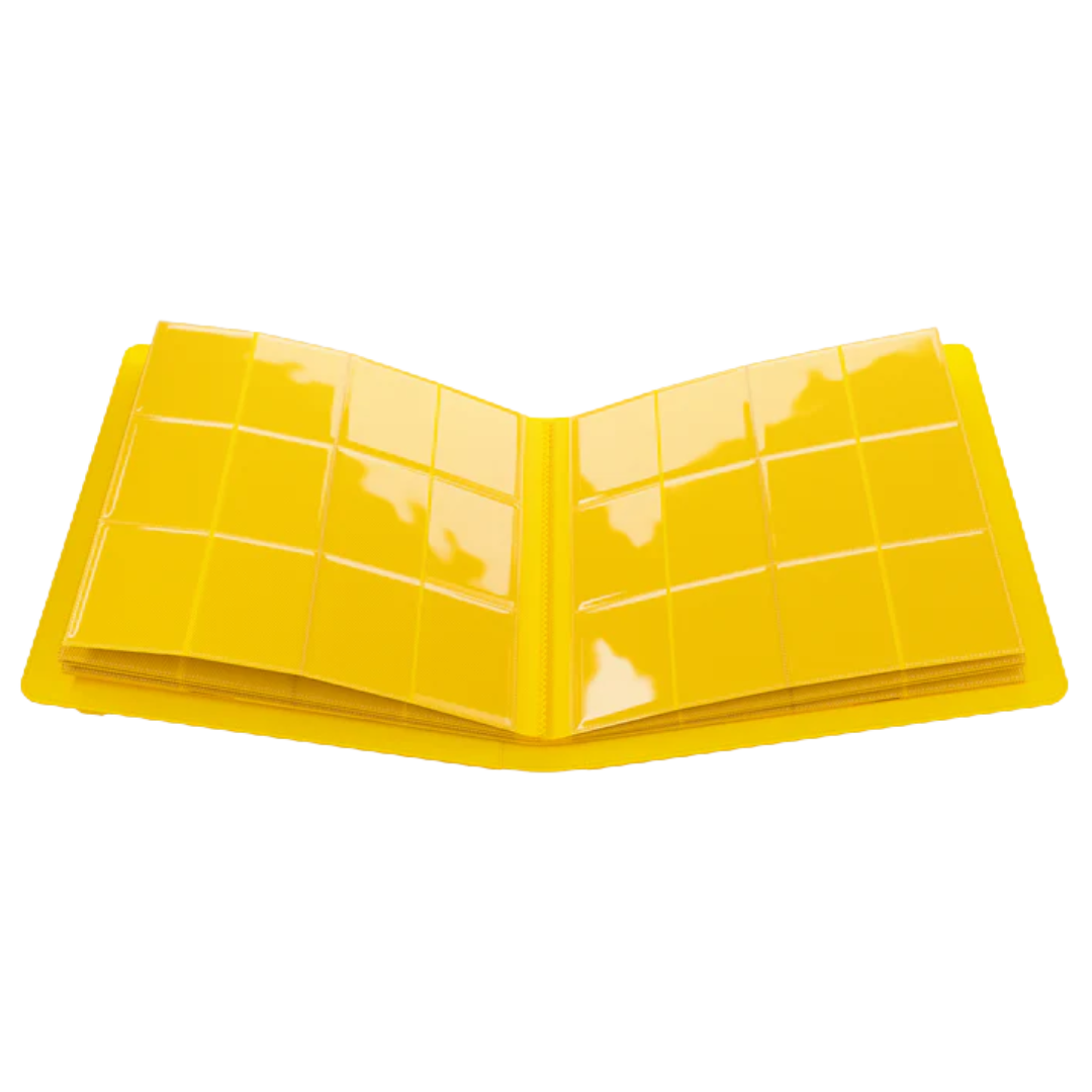 Open Gamegenic 24-pocket yellow Prime album showing card storage pages with four rows of side-loading pockets 