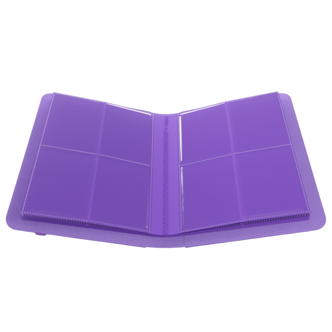 Purple Gamegenic 8-pocket Prime album lying flat with visible rigid cover and secure side-loading pockets 