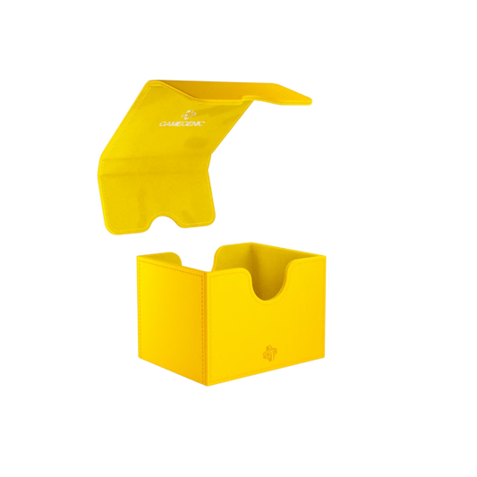 Gamegenic Sidekick Convertible XL deck box in yellow, holds 100+ double-sleeved cards, premium TCG storage with secure magnetic closure and soft interior