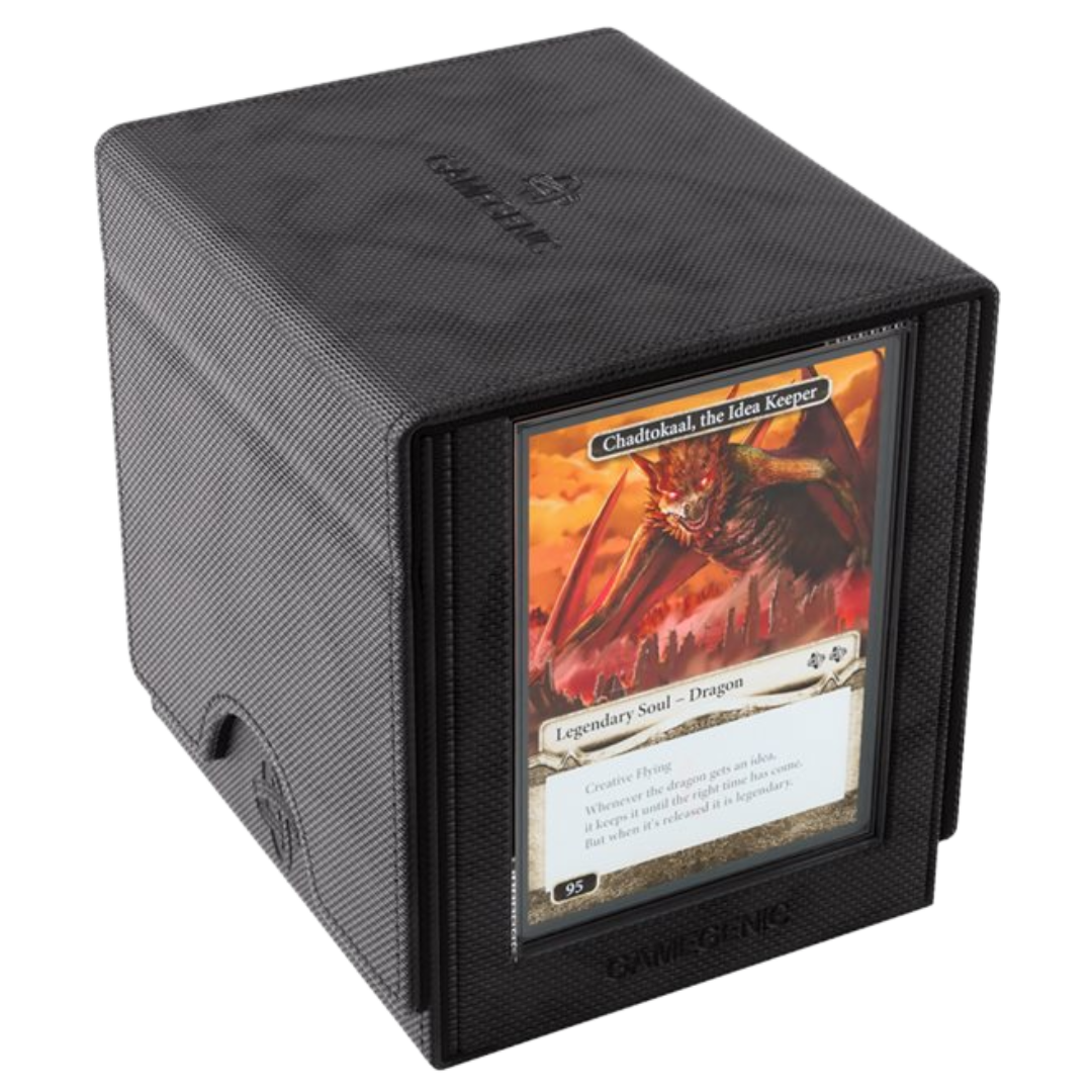 Open Gamegenic Sidekick Pro Convertible XL black deck box showing Slide Card Case, accessory drawer, and card storage compartment 