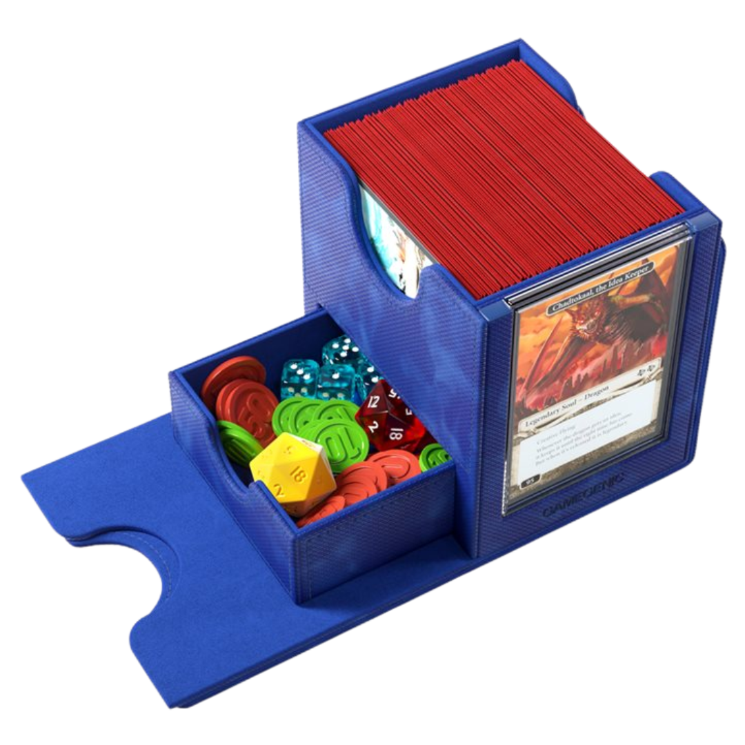 Gamegenic Sidekick Pro Convertible XL blue deck box with removable Slide Card Case and accessory drawer

