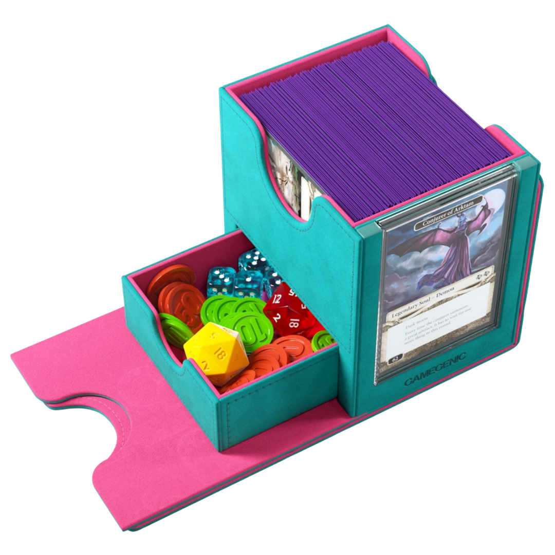 Gamegenic Sidekick Pro XL Teal Pink open deck box with drawer and Slide Card Case for 100 cards