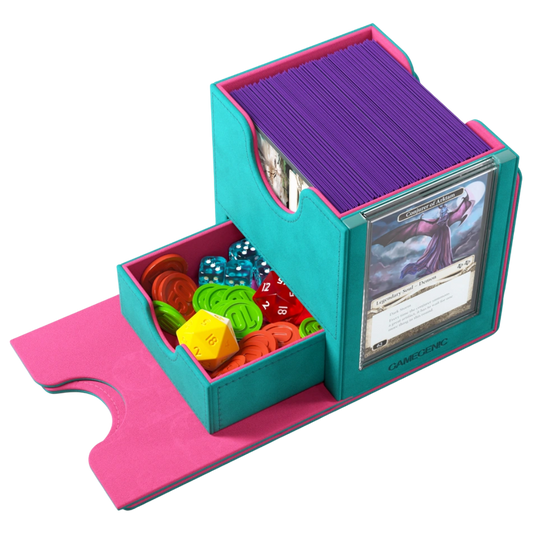Gamegenic Sidekick Pro XL Teal Pink open deck box with drawer and Slide Card Case for 100 cards