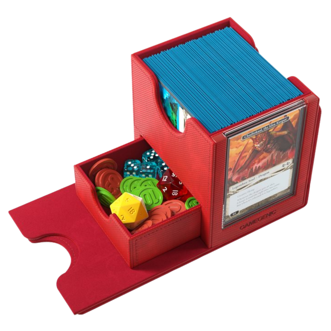 Open Gamegenic Sidekick Pro Convertible XL red deck box showing Slide Card Case, accessory drawer, and card storage compartment