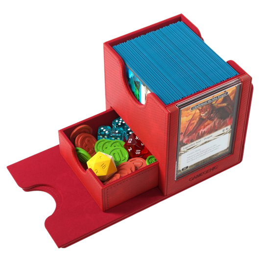 Open Gamegenic Sidekick Pro Convertible XL red deck box showing Slide Card Case, accessory drawer, and card storage compartment