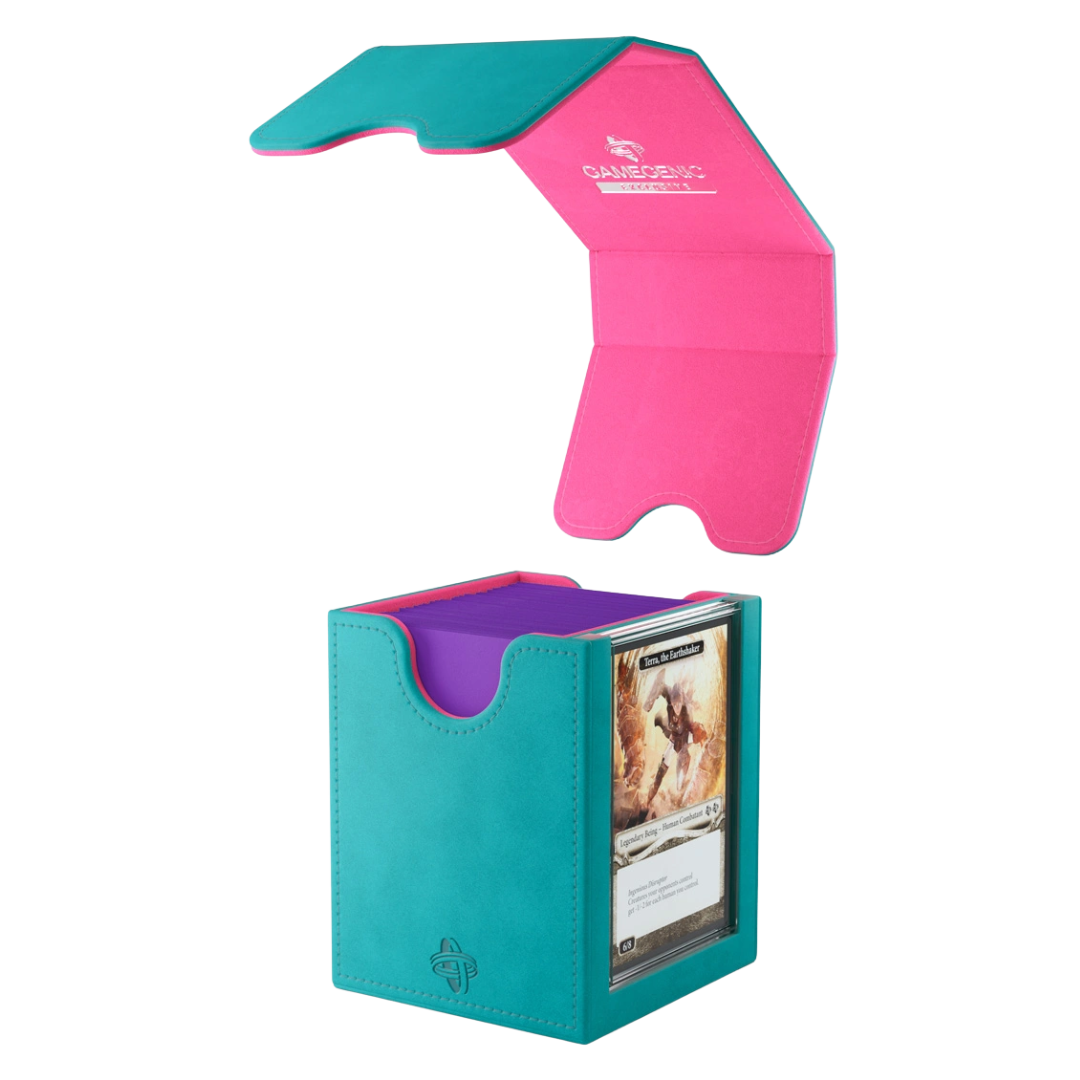 Gamegenic Squire Convertible XL Plus Teal Pink deck box open lid fits 100 double-sleeved cards