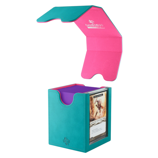 Gamegenic Squire Convertible XL Plus Teal Pink deck box open lid fits 100 double-sleeved cards