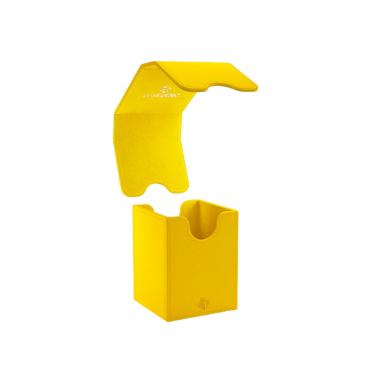 Gamegenic Squire Convertible XL deck box in yellow, holds 100+ double-sleeved cards, premium TCG storage with durable design and secure magnetic closure.