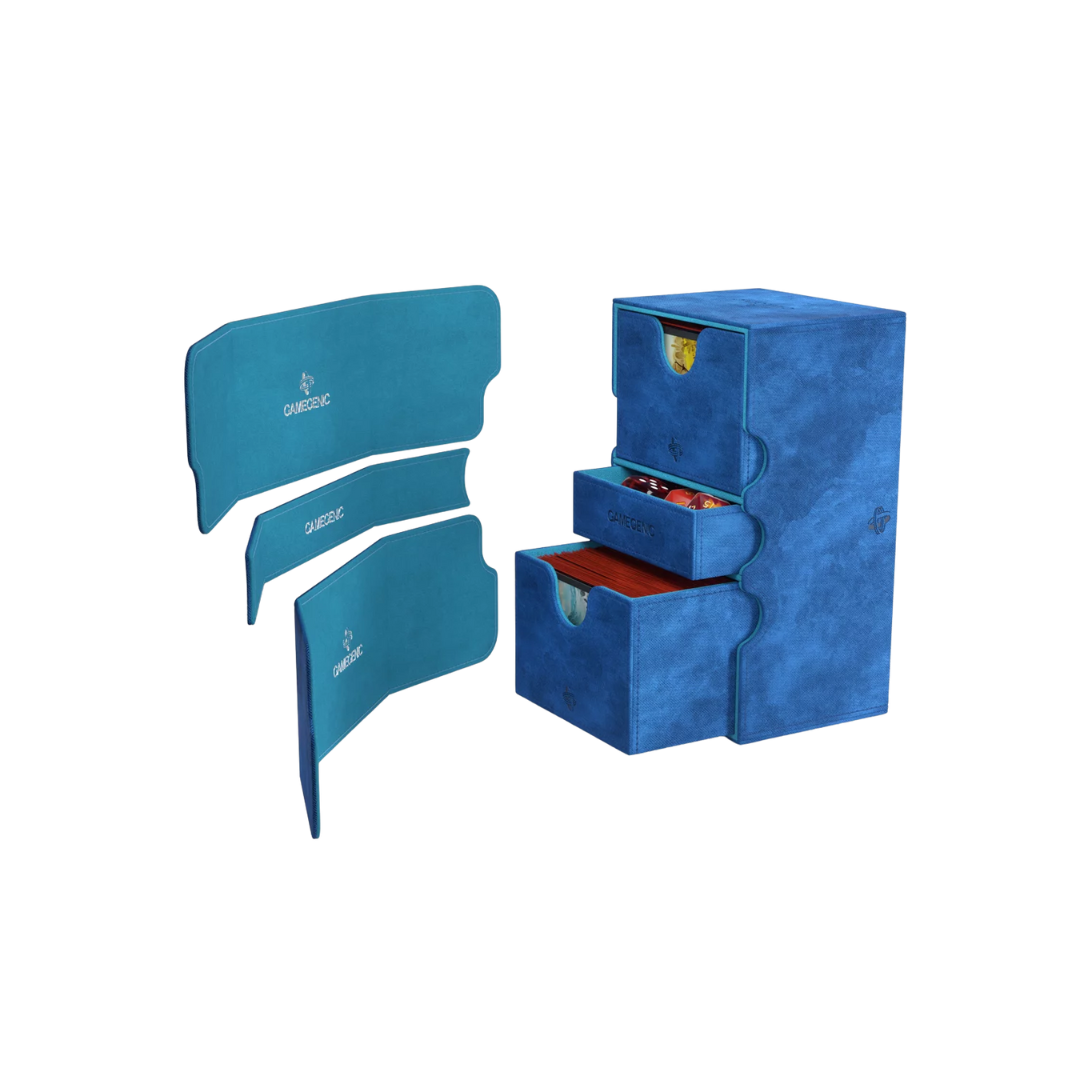 Gamegenic Stronghold Convertible XL deck box in blue, holds 200+ double-sleeved cards, premium TCG storage with secure magnetic lid, durable and stylish.